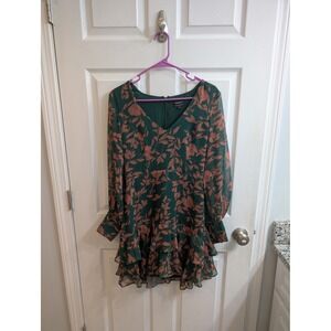 Bardot Madelyn Green Floral Print Long Sleeve Ruffle Mini Dress - Size S